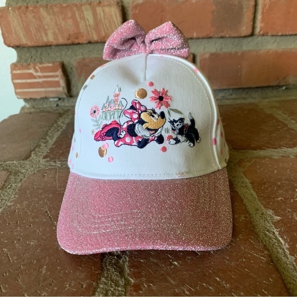 Disney Parks Minnie Mouse & Kitty Pink Sparkle Bow Ball Cap Hat Sz XS/S Toddler - Picture 2 of 7